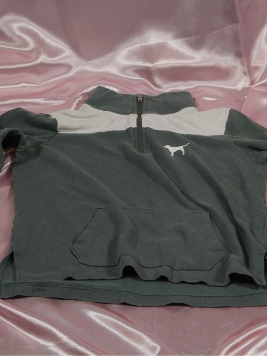 PINK Victoria's Secret Sweaters - PINK Victoria's Secret Green and White Quarter-Zip Pullover